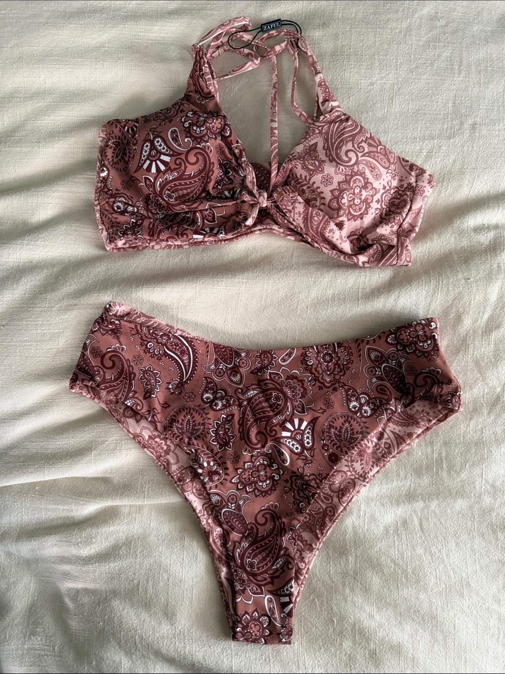 Zaful Pink Paisley High-Waist Bikini Set